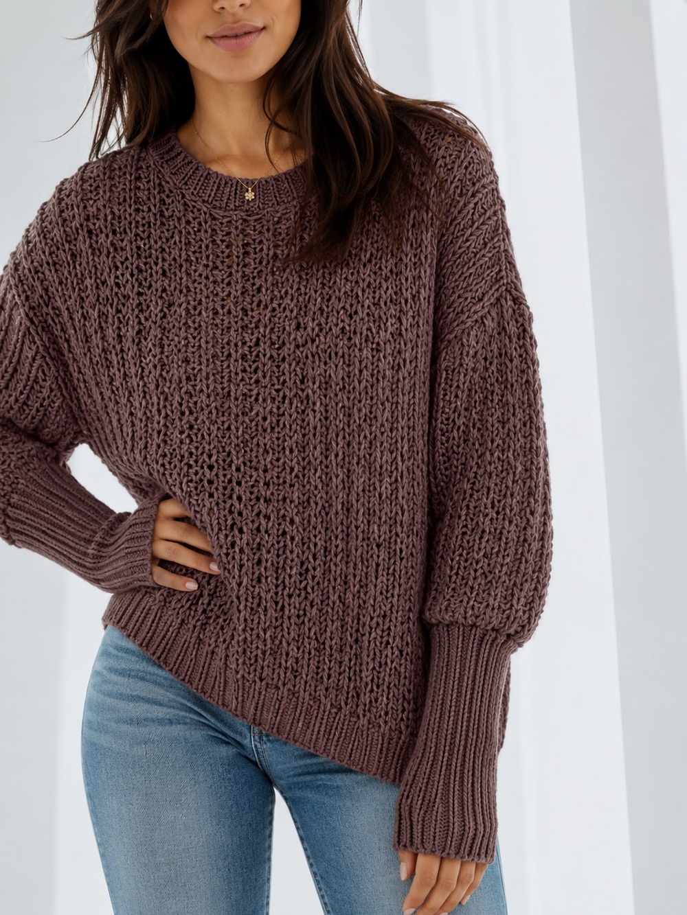 Charlotte Russe Chunky Knit Crewneck Sweater – Alpaca Blend – Mauve Brown – Soft
